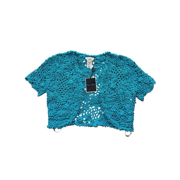 Oscar De La Renta Cropped Crochet Cardigan Silk 2014 Handmade $2500 Turquoise - Picture 3 of 6